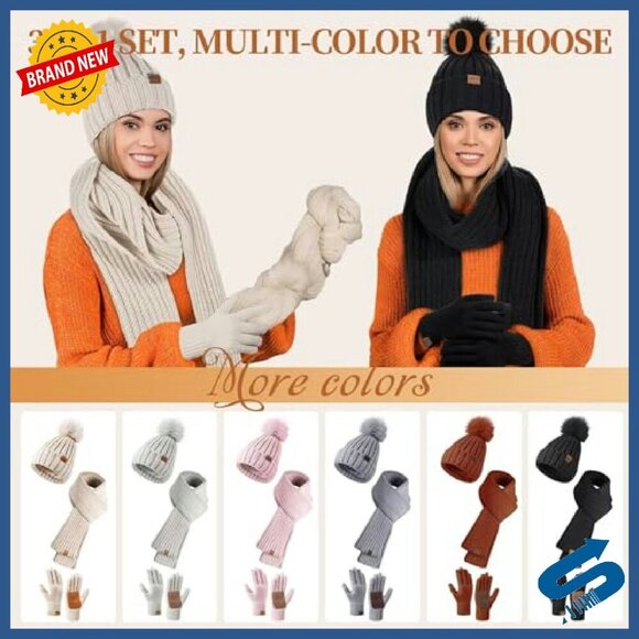 Winter Beanie Scarf Gloves Set Touchscreen Pom Pom 3-in-1 main image 7